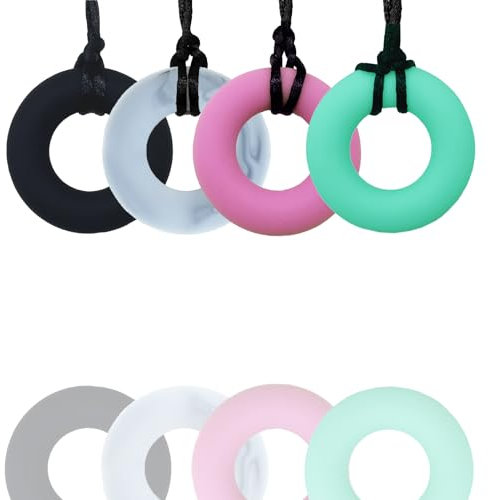 Silicone Chew Necklace, 4 Pack Sensory Chew Toys Bundle for Kids with Teething, ADHD, Autism, Biting Needs, Oral Motor Chewy Teether Pendant for Boys & Girls