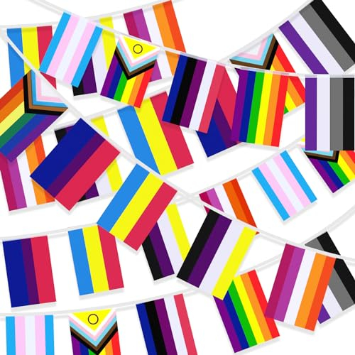 MARFOREVER Regenbogen Flaggen Banner, 30 m LGBTQ Flagge Pride Dekorationen Gay Pride Flagge Bunte Streifen Wimpelkette Banner für Zuhause Garten Bars Pride Month Parade Party Dekoration