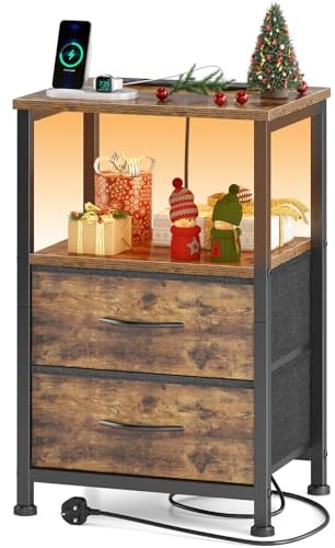 Yornoli Bedside Table with Charging Station 40cm Wide Bed Side Table for Bedroom with 2 Fabric Drawers Small End Tables with Led Lights for Living Room Small Spaces Rustic Brown