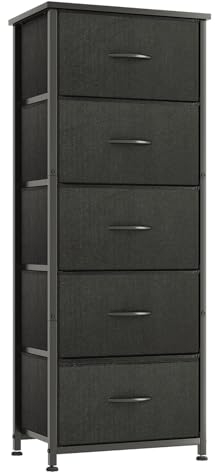 Kommode Schmal, Schubladenschrank, Aufbewahrungsschrank mit 5 Schubladen aus Stoff, Hoch und Schmale Holztop Komodenschrank Sideboard Möbel für Schlafzimmer/ Wohnzimmer/ Flur/ Kinderzimmer, Schwarz