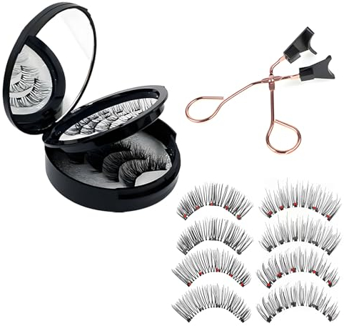 4 Pairs Natural Magnetic Eyelashes with Black Box and Eyelash Curler Set, No Glue Reusable Magnetic Eyelashes without Eyeliner, 3D Waterproof Magnetic Lashes for Makeup, Eyelashes Extension
