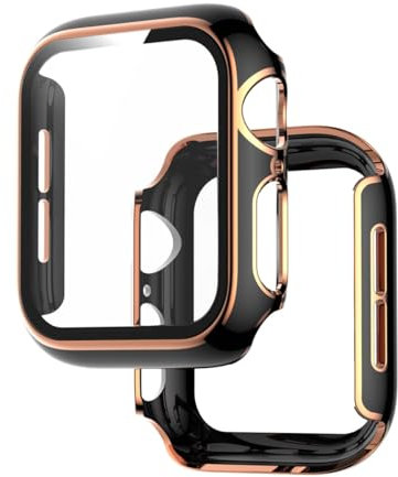 Coque rigide avec protection d'écran en verre trempé compatible avec Apple Watch Series 3 Series 2 Series 1 42 mm, ultra fine antichoc pour iWatch, noir + or