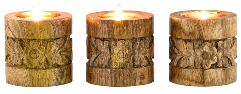 Marrakesch 3er Set Boho Deko Teelichthalter Kerzenständer aus Holz geschnitzt 7,5cm groß Luja | Vintage Orientalische Kerzenhalter als Wohnzimmer Tischdeko oder Schlafzimmer Zimmer Frühlingsdeko