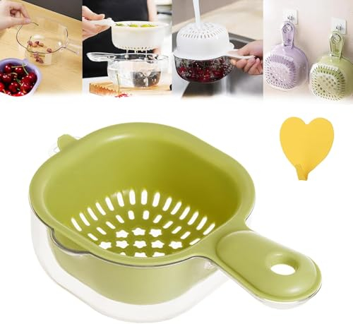 Dual-Layer Draining Basket with Handle, Double Drain Plastic Strainer Fruit Colander Storage Container, 2 in 1 Fruit Vegetable Washing Food Strainers for Mini Berry, Grape (Green)