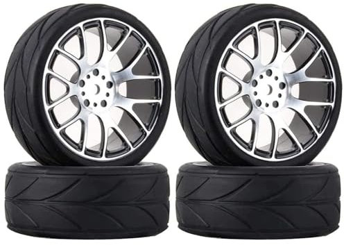 KINGCOO RC Auto Reifen und Räder Set, 4Stück 64mm Gummireifen und 7Y-Form Aluminium Legierung Metall Felgen Rad 12mm Hex für 1/10 RC On-Road Run-Flating Touring Racing Auto Reifen (Schwarz)