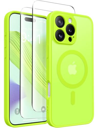 CAPRARO Coque magnétique compatible avec iPhone 16 Pro Max, protection complète de l'appareil photo, compatible avec MagSafe, coque de protection translucide mate pour femme, vert fluo