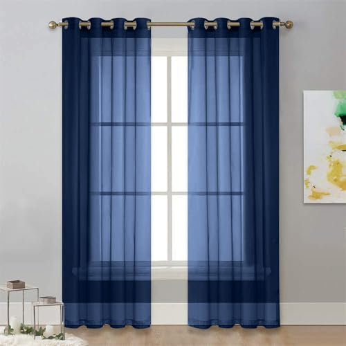 Surwin Tinta Unita Tende per Interni a Vetro Con Occhielli, 2 Pezzi Camera da Letto, Voile Semi Trasparenti per Cucina, Soggiorno 132x270cm, Blu Navy