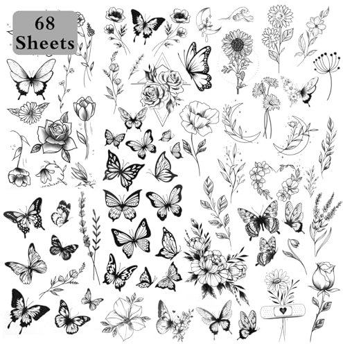 68 Blätter Fake Tattoos,Groß Schwarz Schmetterling Temporäre Tätowierung, Temporäre Tattoos Klebetattoos Erwachsene 3D Wasserdicht Tattoo,Mädchen Arm Tattoo Aufkleber Tatoos Aufkleben Frauen