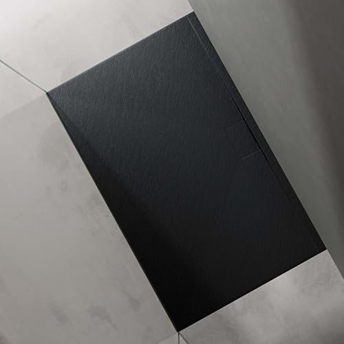doporro Duschtasse Duschwanne 100x160x3 flach Mineralguss in Anthrazit inkl. Ablaufgarnitur AL06 DIN-Anschlüsse für bodenebene Montage geeignet Geoma07