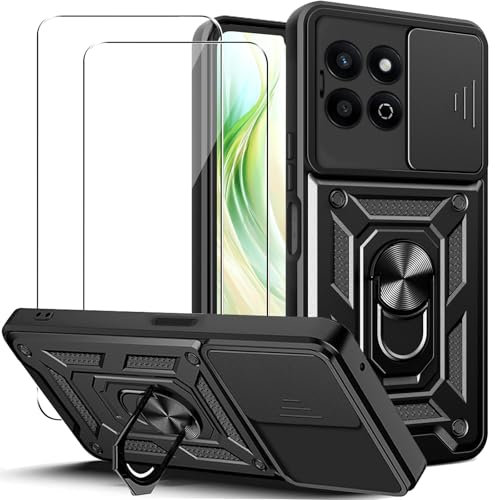 KUSINHOKA Coque pour Honor 200 Smart avec entille Coulissante Couverture et Support Rotatif + [2 Pièces] Verre Trempé, Étui de Protection Qualité Militaire [Antichoc] Rigide Housse, Noir