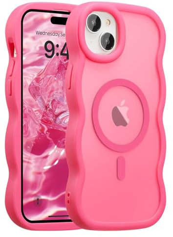 UEEBAI Magnetic for iPhone 14 Plus/15 Plus Case, Compatible with MagSafe, Transparent Wave Frame Design Cover Soft Edge Cover Cute Clear Matte Shockproof Protective Phone Case, Hot Pink