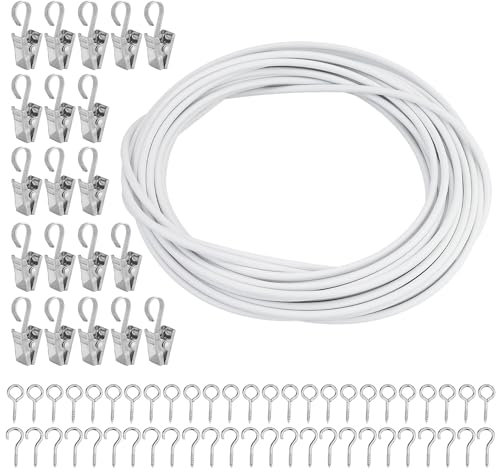 10 m de alambre de cortina blanco, cable de cortina de plástico, con 25 pares de ojales y ganchos, para barras de cortina, cortinas de ducha