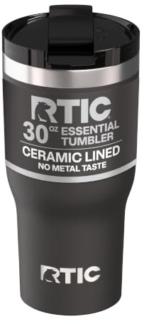 RTIC 30oz Essential Tumbler with Lid, Ceramic Lined, Insulated, Stainless Steel, Metal, Double Wall Vacuum-Insulation, Travel Cup for Iced Coffee, Tea, Hot and Cold Drink, Black