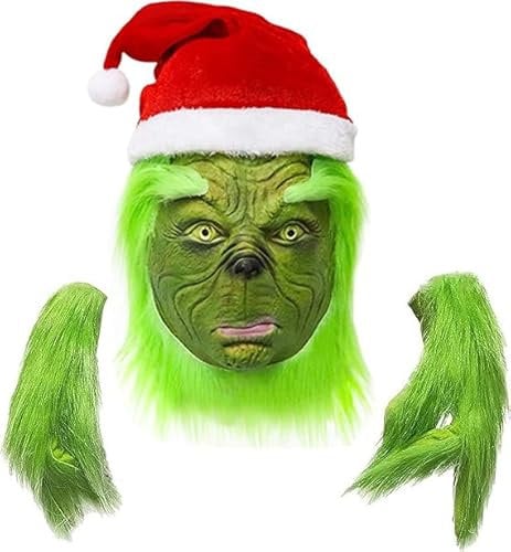 SINSEN Weihnachten Grinch Maske Erwachsene Flauschige Handschuhe Monster Latex Vollkopfmaske Weihnachts Halloween Karneval Cosplay Kostüm Maske