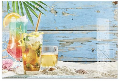 timalo Küchenbild aus Acrylglas modernes Wandbild Glasbild Deko Küche XXL Bild wie Glas | 120x80cm Tropische Cocktails, Strandbar, Mojito, Caipirinha, Urlaub, Palmen, Sand, Karibik