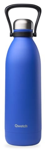 Qwetch - Grande Bouteille Isotherme TITAN - Bleu Majorelle 1,5L - 48h Froid et 16h Chaud - Etanche Gourde Inox avec Poignée de Portage - Thermos isotherme pour Pique-nique, Camping, Famille