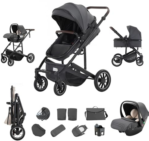 Zkiprm 3-in-1-Kinderwagen, Reisesystem mit Autositz, Kinderwagen und Tragwanne, verstellbare Armlehnen, Regenschutz, Moskitonetz, Gestell aus Aluminium, Kinderwagen mit hohem Profil, für 0-4 Jahre