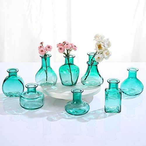EylKoi Lot de 8 petits vases en verre vert en vrac de forme différente, surface lisse, vintage, moderne, mignon pour table de fleurs, maison, fête, mariage, centre de table, salle à manger