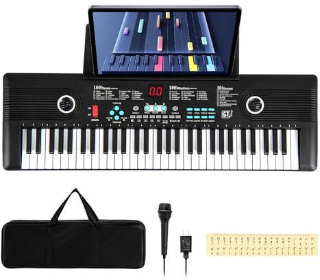 RELAX4LIFE Piano 61 Teclas con Micrófono, Soporte para Partituras y Bolsa de Transporte para Principiantes, Piano Infantil con Grabación, Ajuste de Tempo, Función Sustain y Metrónomo, Teclado Musical
