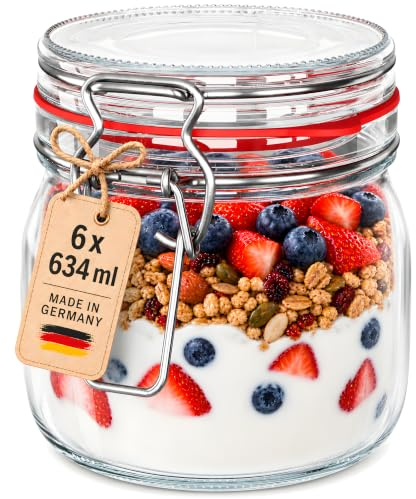 WELLGRO 6x Einmachgläser mit Bügelverschluss rund 634ml, Fermentierglas, Vorratsgläser mit Deckel - Gläser mit Deckel Made in Germany