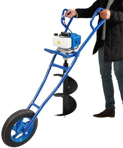 BJTDLLX Tarière à essence, 52 cc, 2 temps, 1,46 kW, à essence, brouette, tarière avec chariot manuel, fossette pour poteau, foret avec foret de 30 cm, bleu
