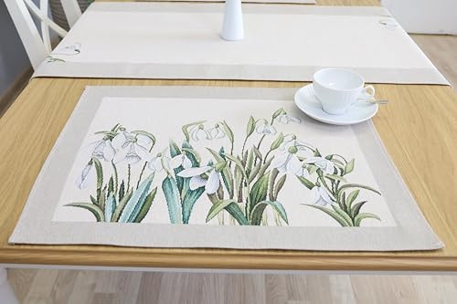 Tischsets Platzsets Abwaschbar 6er Set, 40x50 cm, Platzdeckchen Stoff 100% Jacquard Gobelin, Untersetzer Teller Hochwertige Wiederverwendbare für Hochzeit, Geburtstag, Küchen, Cafe - Schneeglöckchen
