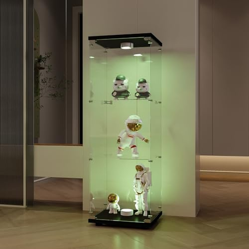 JYNVO Dreischichtige Vitrine aus gehärtetem Glas, Schwarze Glasvitrine mit Beleuchtung, Glasvitrine mit Tür und Schloss, Freistehende Vitrine aus Glas, Standvitrine, Wohnzimmervitrine