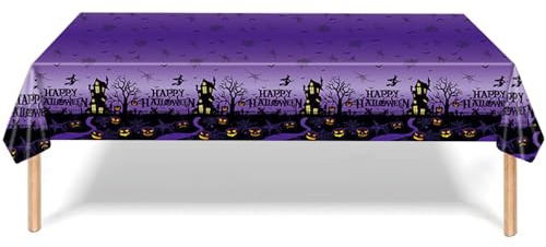MOMAHUA Tovaglia decorativa viola per Halloween, 137 x 274 cm, riutilizzabile, in plastica, fantasma, zucca, teschio, tovaglia per Halloween, cena, decorazioni per feste, forniture per feste