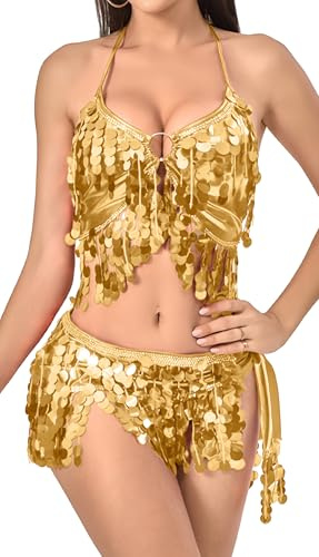 FEOYA Women's Belly Dance Outfits Latin Dress Sequin Fringe Tassel Hip Scarf Sparkly Shiny Belly Bra Top Festival Rave Carnival Costume