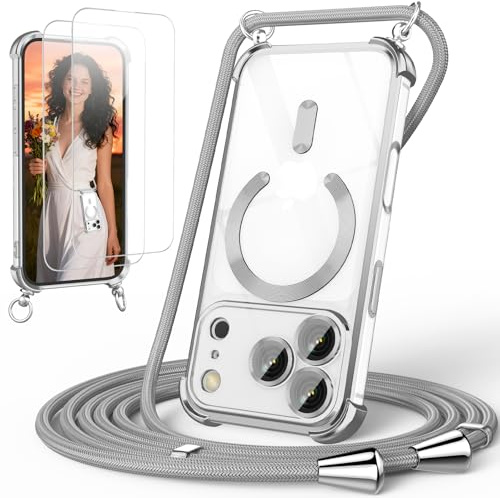 GOODVISH Handykette für iPhone 17 Pro Max Hülle mit Band, Silber | mit 2 Stück Schutzfolie, mit Kamera Schutz, Necklace Handyhülle mit kette, Transparent 360° Schutz Magnetisch Case 6,9