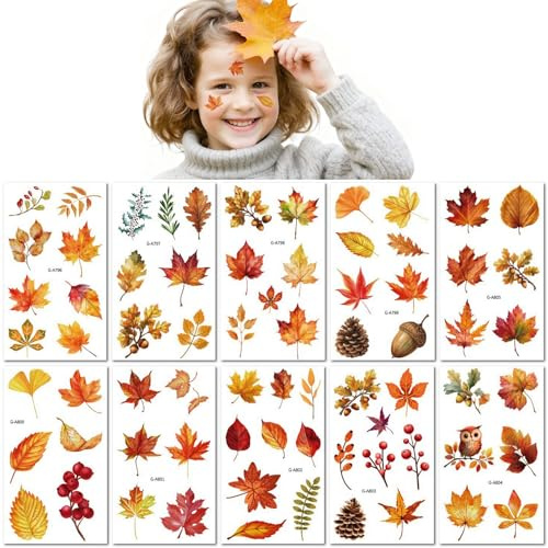 10 Blatt Temporäre Tattoos Mit Herbstblättern Tannenzapfen Ahornblättern – Perfekt Für Die Thanksgiving Party! Wasserfeste Temporäre Tattoos