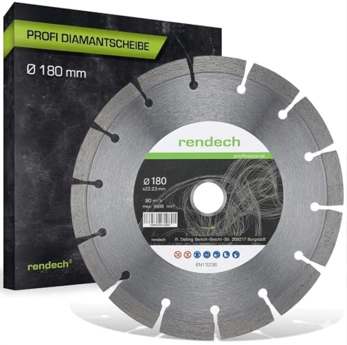 rendech® Profi Diamantscheibe 180mm mit 10mm Block-Segment | Ideal für Beton, Stein, Mauerwerk, Granit, Ziegel uvm. - Zubehör für Winkelschleifer mit hoher Schneidleistung