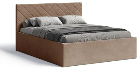 Meblofun Polsterbett Matelasse mit Kopfteil, 180x200 cm, Doppelbett mit Bettkasten und Lattenrost aus Holz, Velourstoff, Farbe: Hellbraun