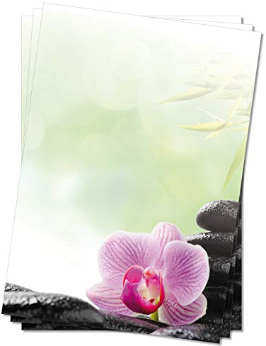 LYSCO Motivpapier Briefpapier (Wellness-5070, DIN A4 25 Blatt) Feng Shui mit pink Orchidee auf wasserbenetzten Steinen und Bambus im Hintergrund