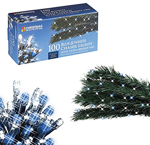 The Christmas Workshop 78580 100 Blue & White LED Chaser Christmas Lights / Indoor or Outdoor Fairy Lights / 6.9 Metres / 8 Light Modes / Great For Christmas, Weddings & Gardens