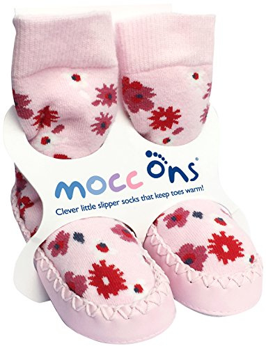 Mocc Ons moccasin washable leather sole slipper socks (24-36 Months, Floral Ditsy)