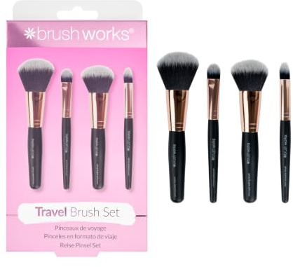 Brushworks Travel Makeup Brush Set - 4 Mini Brushes for Liquids & Powders, Hypoallergenic for Sensitive Skin, Rose Gold & Black, Vegan & Cruelty-Free