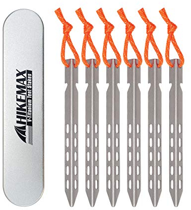 Hikemax Ultraleichte Zeltheringe aus Titan, V-förmige Zeltheringe mit reflektierenden Zugschnüren, 6 Stück