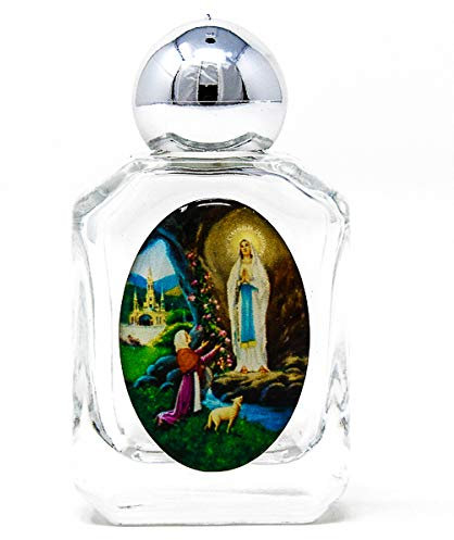 Eau de Lourdes dans une bouteille en verre remplie d'eau bénite + carte de prière de Lourdes