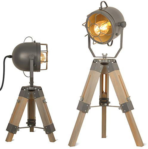 BarcelonaLED Lampe de Table Trépied Hauteur Réglable en Bois Design Vintage Industriel avec Projecteur Orientable Gris Culot E27 pour Chambre Tête de Lit Salon Studio