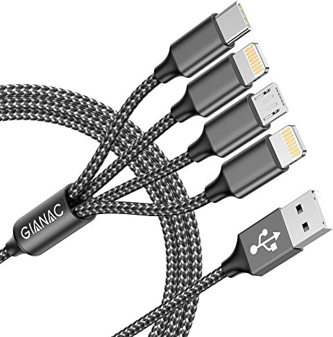 Multi Charger Cable, 4 in 1 Charger Cable [1.2M] Multiple USB Cable with Lightning Cable Micro USB C Connector for iPhone 12/11/XS,Samsung S20 S10 S9 S8,Huawei,Nexus,Nokia -Grey