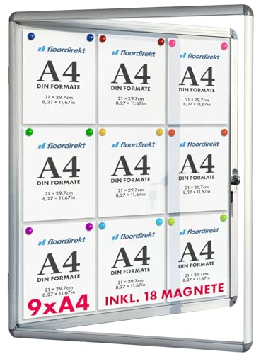 Floordirekt | Panneau d'affichage en aluminuim, vitrine d'affichage avec serrure à clé | Panneau arrière magnétique - Porte avec serrure - Cadre en aluminium | 24 aimants inclus| 9 x A4