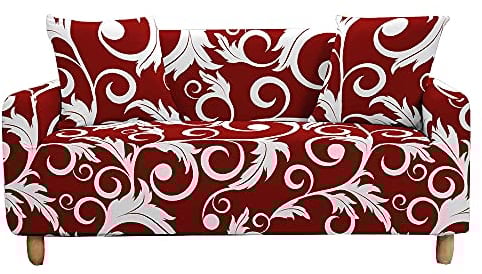 FANSU Stretch Sofabezug mit Armlehnen - Barock Muster Bedruckter Antirutsch Sofabezug Haus Wohnzimmer Dekoration, für Ecksofa L Form Sofabezug Couchbezug Sofaüberwürfe (Rot,4 Sitzer)