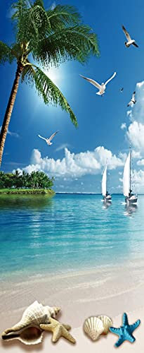 A.Monamour Sticker Porte Autocollant Poster De Porte 3D Cocotier avec Plage Tropicale Et Mer Vinyle Affiche De Porte Sticker Mural Papier Peint Art Décor 85 x 200 cm