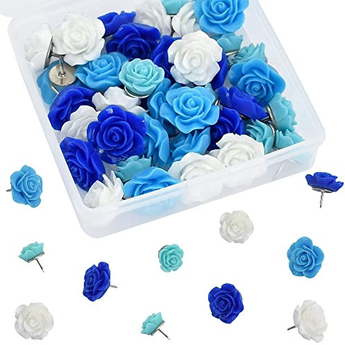 40 Pcs Blaue Rose Blume Push Pin mit Gradient Farbe Dekorative Thumbtacks Floret Blume Push Pins für Schule, Haus, Büro