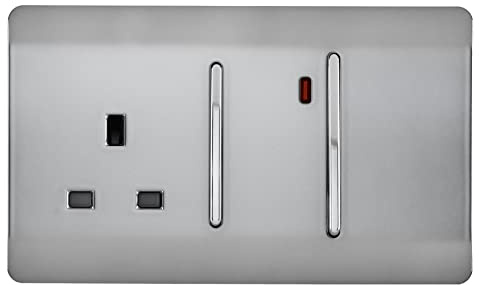 Trendi Switch Screwless Artistic Modern Decorative Glossy 45 A Cooker Switch Control Unit & Single Plug Socket Inc Neon Indicator for Indoor Use in Brushed Steel - ART-WHS213BS