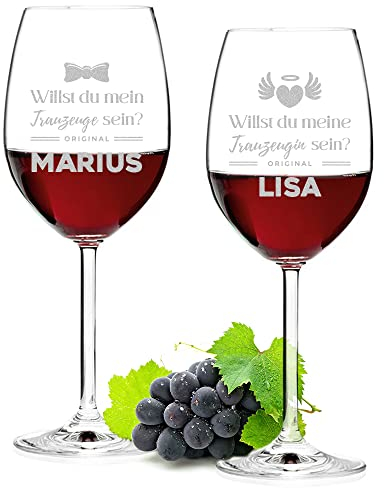 Leonardo Weinglas 2er-Set Personalisiert mit Gravur - 460 ml - Weinkenner und Weinliebhaber - spülmaschinengeeignet - Geschenkidee für Männer, Frauen - Motiv Trauzeuge und Trauzeugin sein