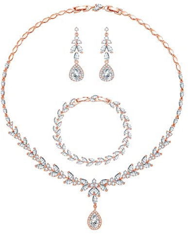 Kamise Braut Schmuck Set Silber Damen, Rose Gold Hochzeit Schmuckset, Damen Halskette & Ohrringe & Armband Set, Blumen Schmuck Set mit Weiß Zirkonia, Allergenfrei Hochzeitsschmuck für Brautjungfern