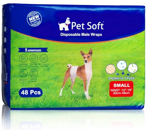 Pet Soft Dog Nappies Male - 48 Count Disposable Dog Wraps with Wetness Indicator, Super Absorbent Belly Bands for Male Dogs (S-48 Count)
