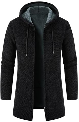 KUDORO Cardigan da Uomo Lungo Lavorato con Cappuccio e Zip a Maglia con Cerniera Intera Spesso Caldo Maglione Invernale Foderato in Pile(Nero,S)